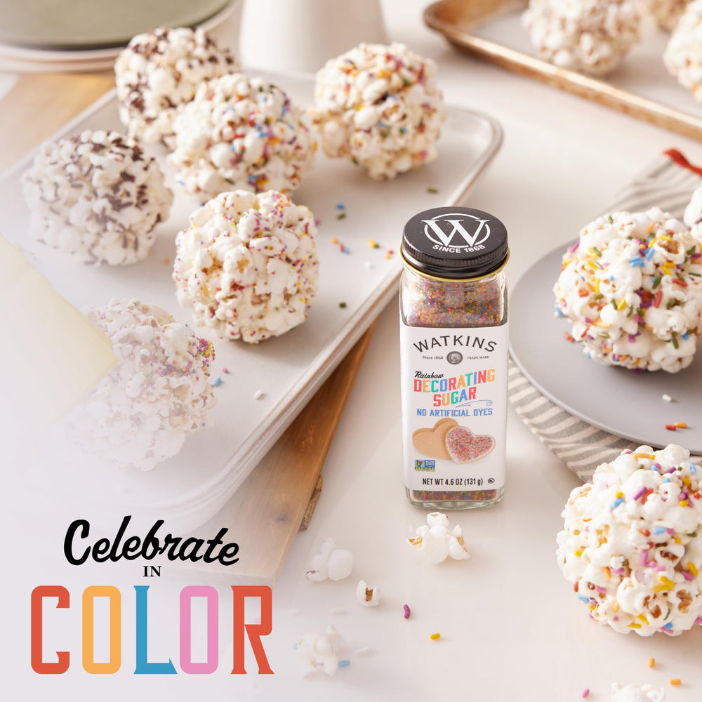 Watkins Sugar Rainbow Decorating on cake edge adds colorful texture and sparkle