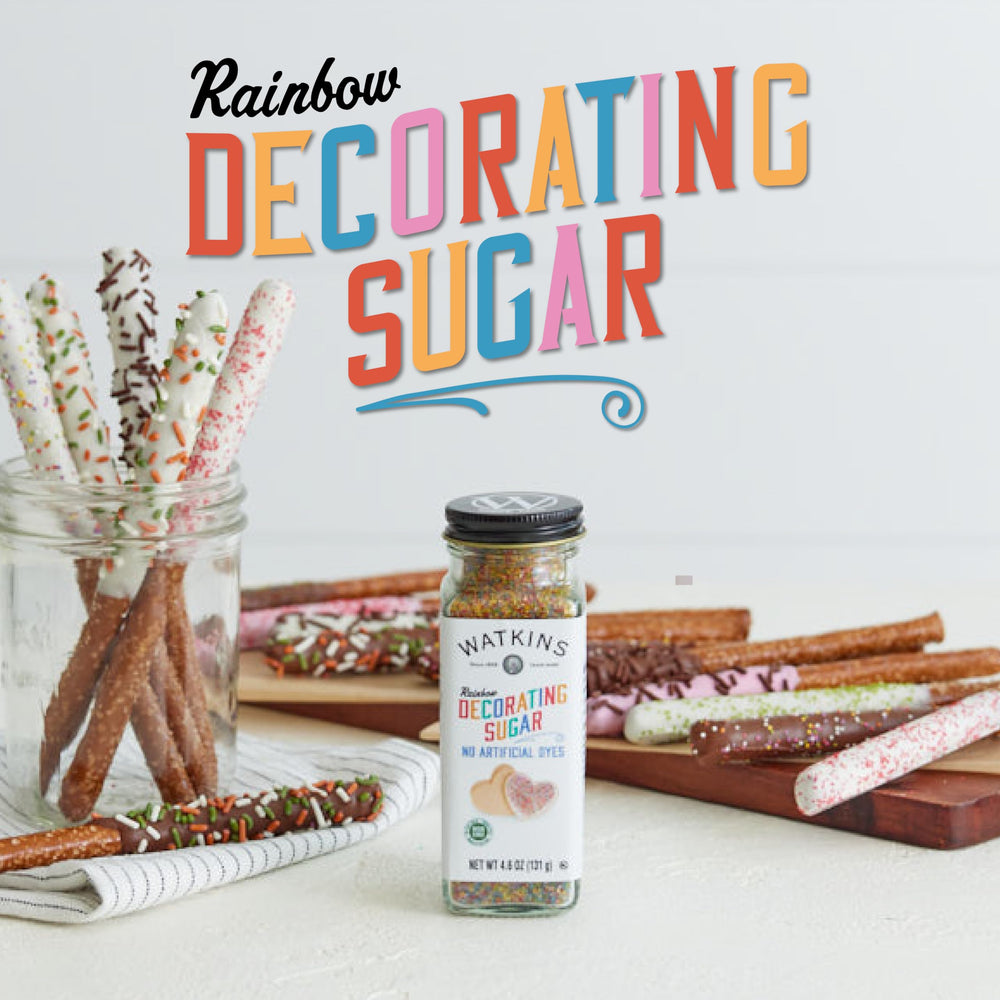 Watkins Sugar Rainbow Decorating on cookies emphasizes a bright, playful finish