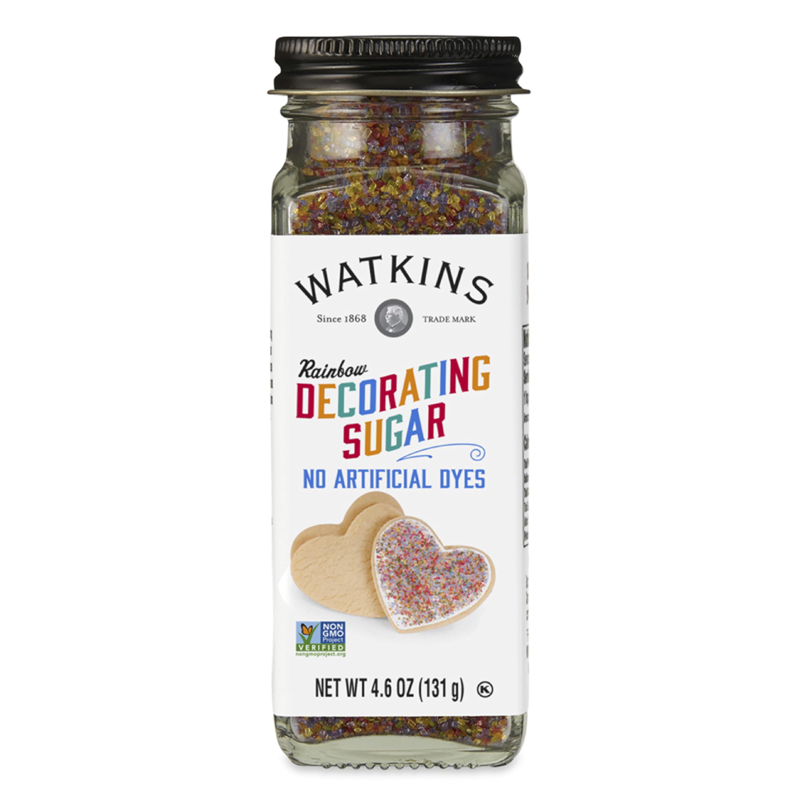 Watkins Sugar Rainbow Decorating jar front view showcases vibrant sugar for festive cookie decoration