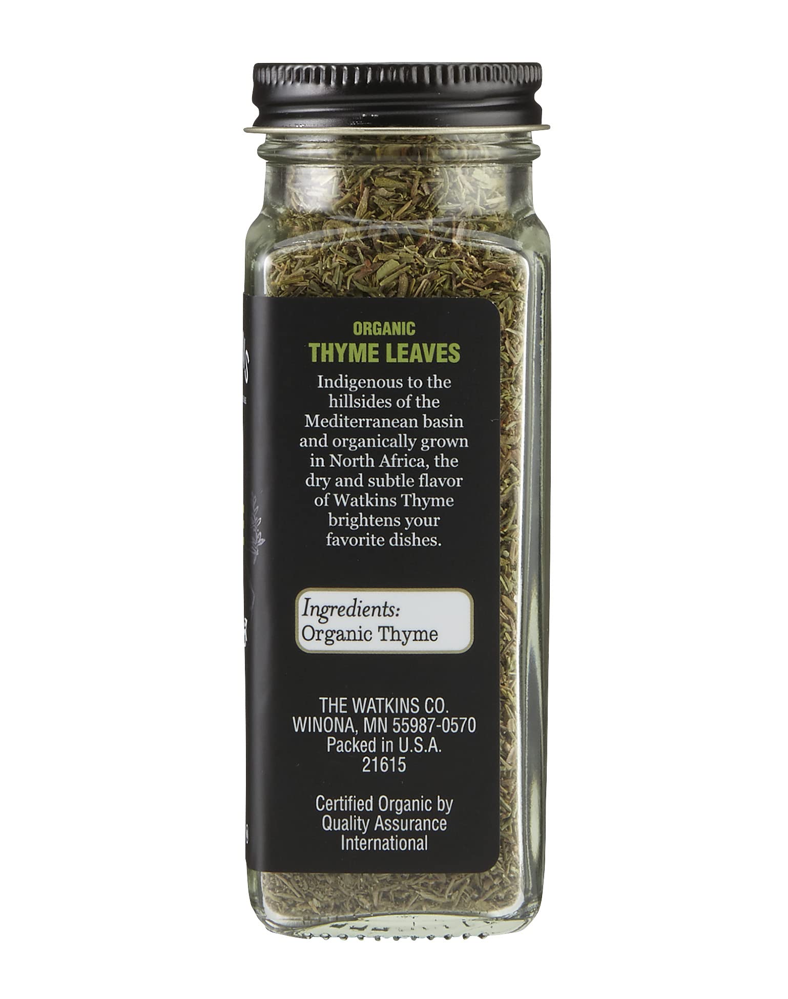 Watkins thyme leaves inside the square glass grinder for precise seasoning