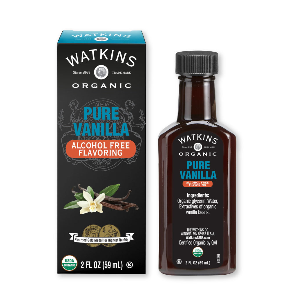 Watkins Vanilla Alcohol-Free Flavoring bottle delivers rich aroma for baking