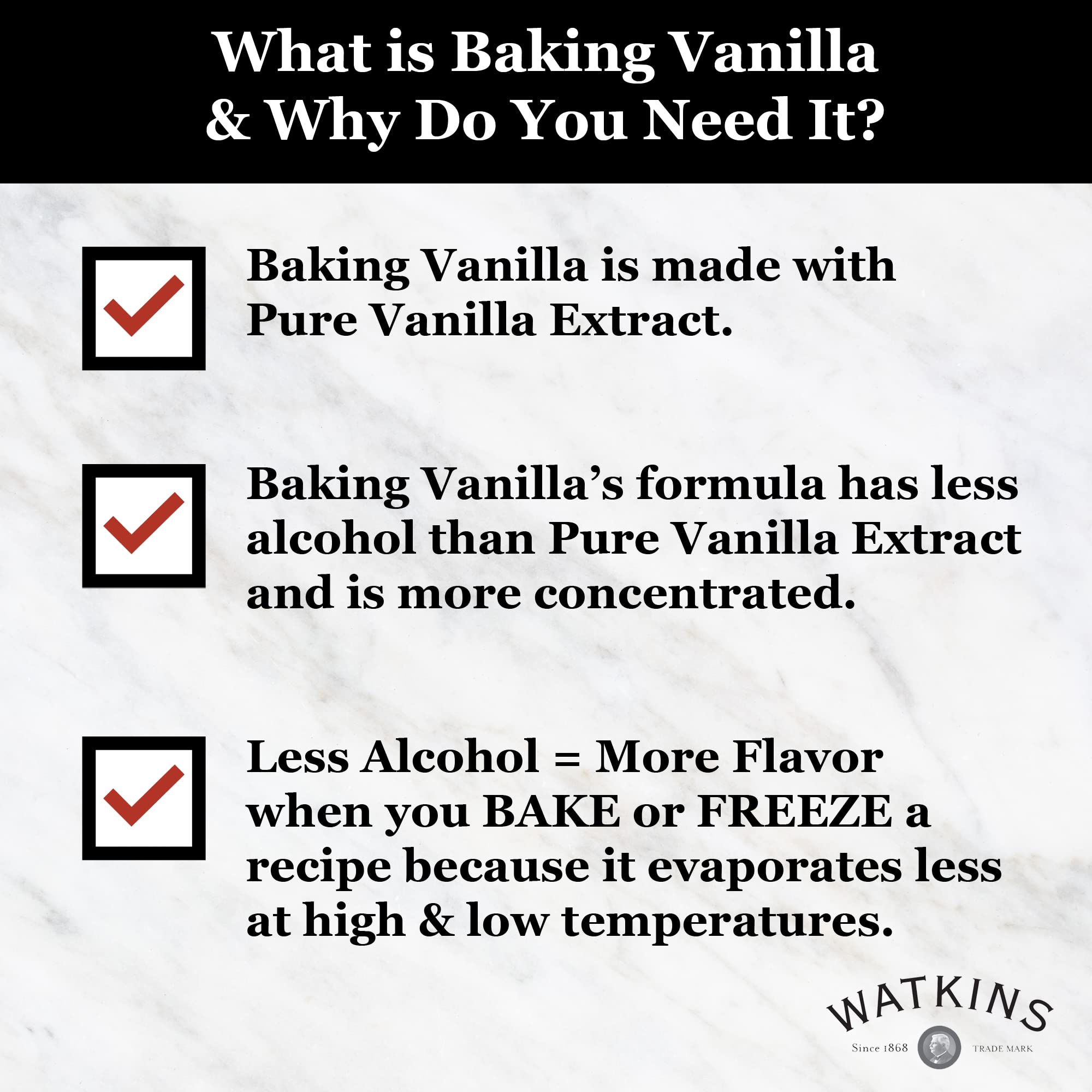 Watkins vanilla bottle in dish baking scene demonstrates rich aroma in desserts