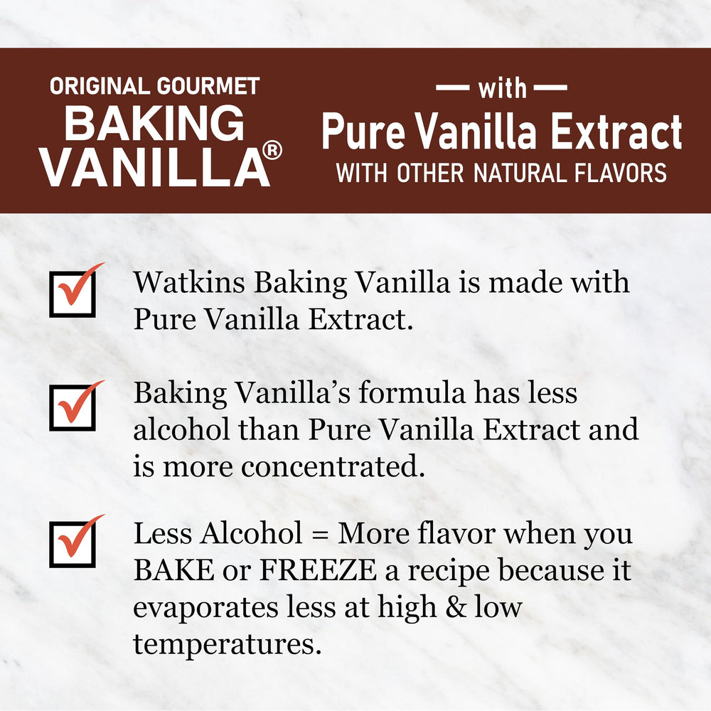 Watkins vanilla bottle beside batter glass suggesting even distribution