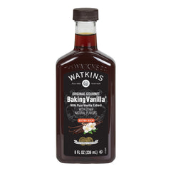 Watkins vanilla bottle close-up highlighting pure extract ideal for baking and flavor
