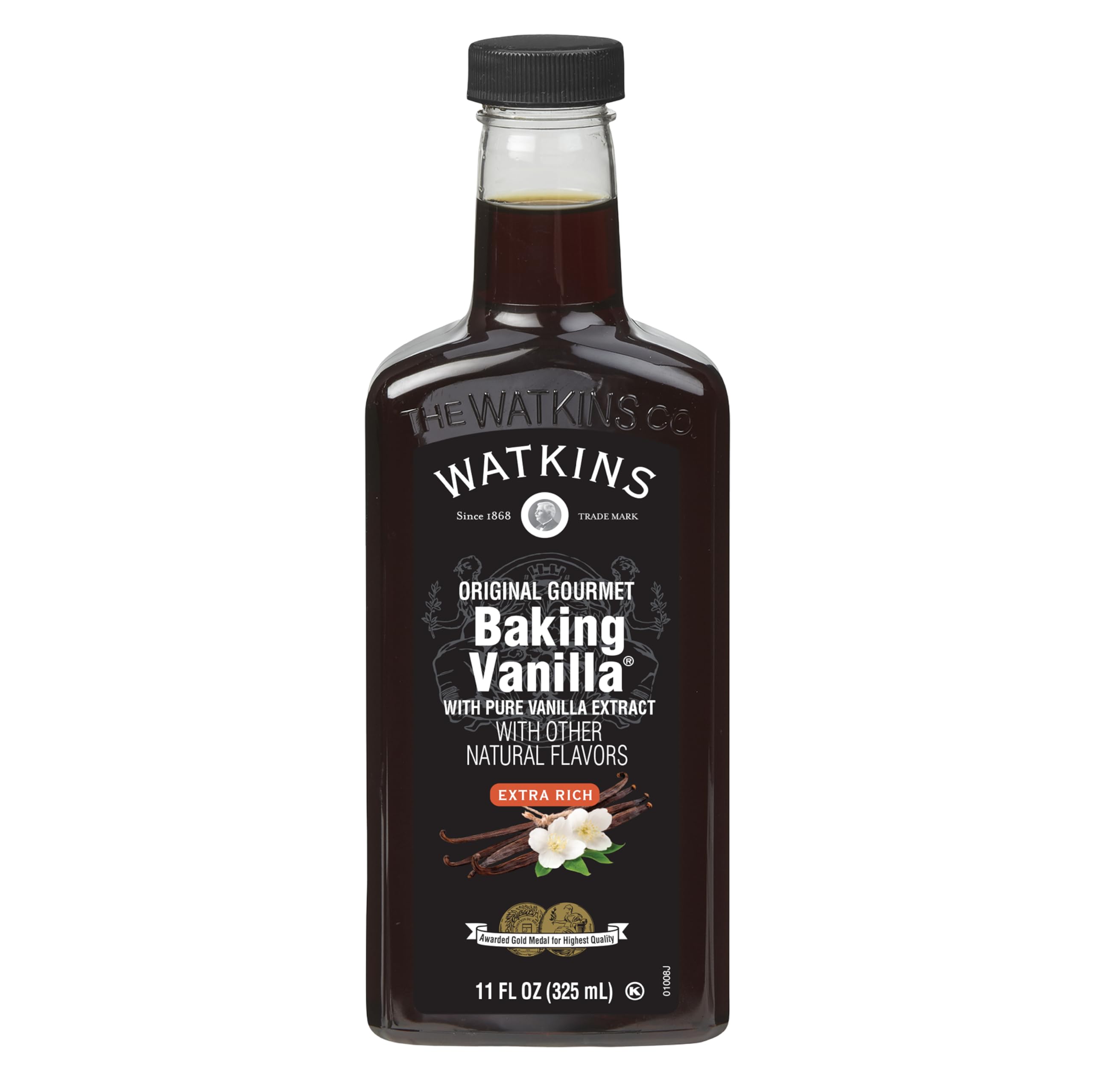 Watkins vanilla extract bottle front view for rich baking flavor