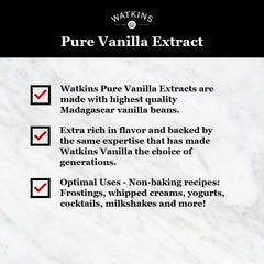 Close-up of Watkins vanilla label signaling non-GMO, gluten-free ingredients for baking.