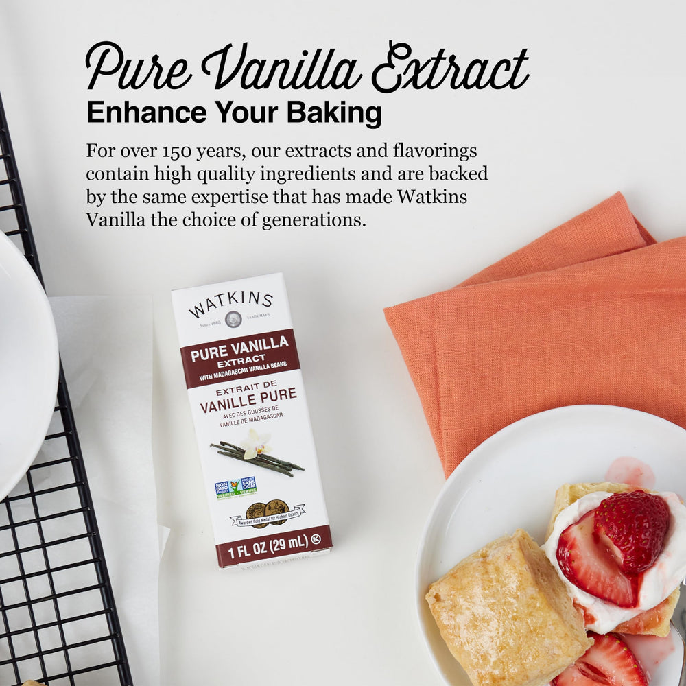 Watkins vanilla extract being poured, ideal for recipes and flavor layering.