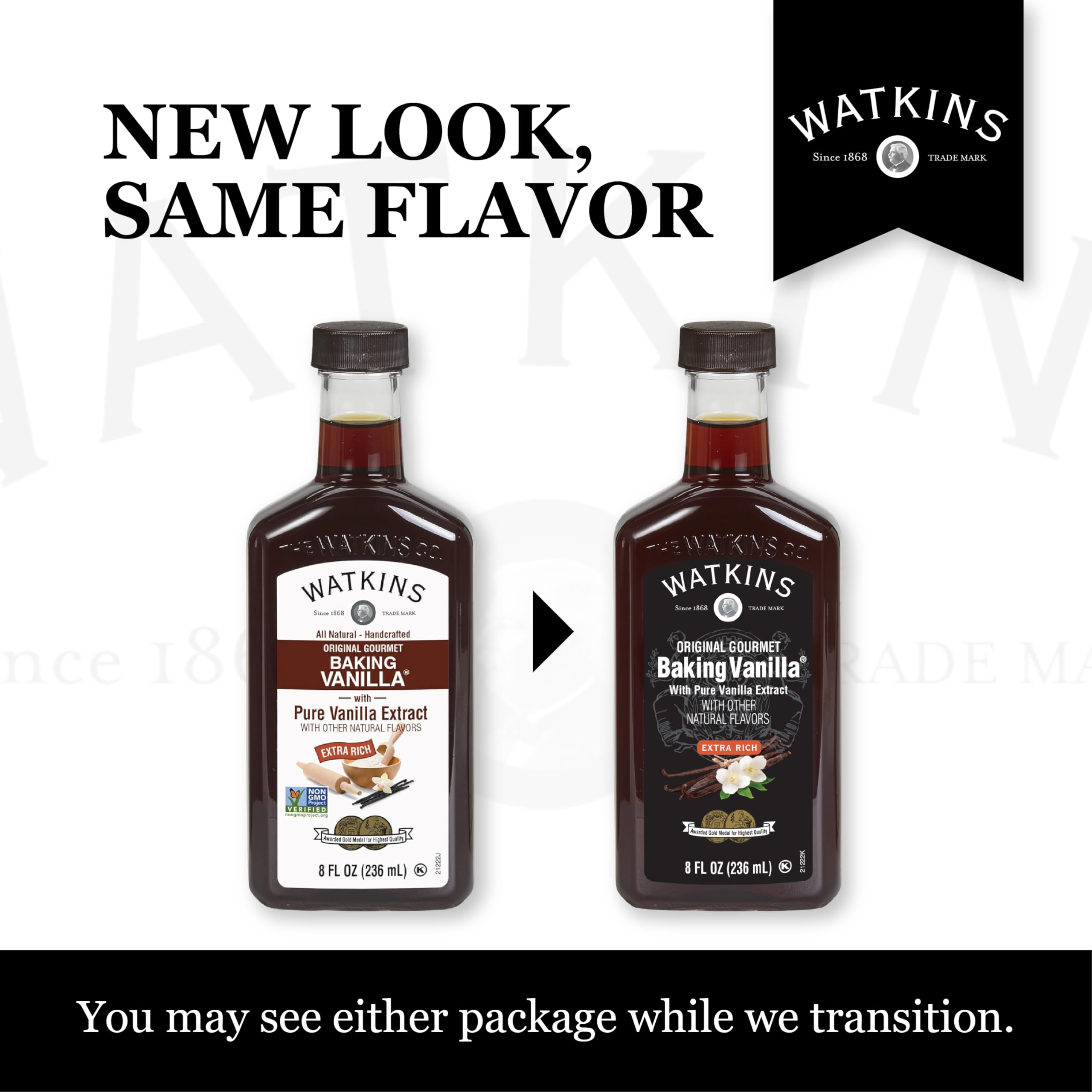 Watkins vanilla packaging photo underline non-GMO, gluten-free, kosher attributes at a glance
