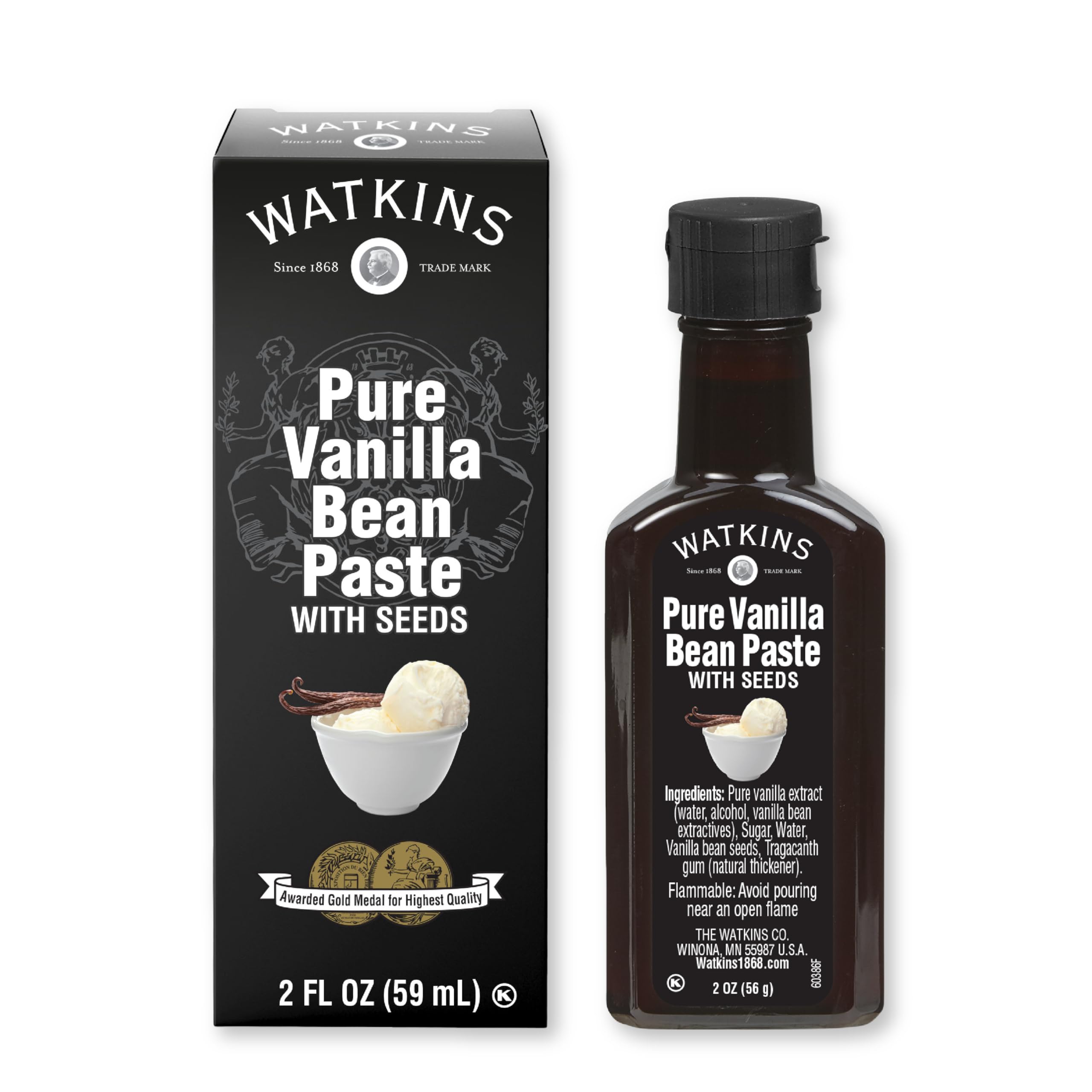 Watkins Vanilla Paste bottle close-up highlighting rich flecks for premium desserts.