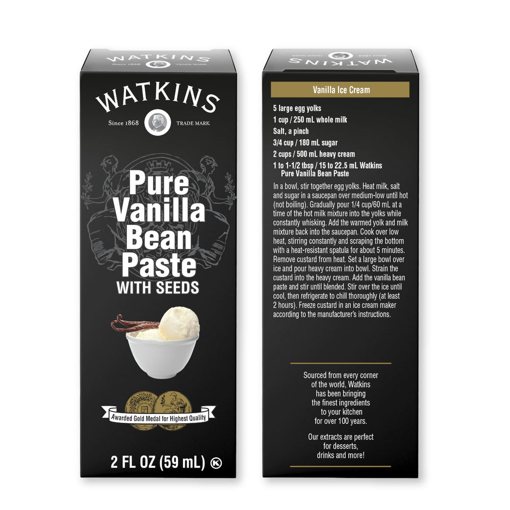Watkins Vanilla Paste jar with label, ideal for baking custards and ice creams.