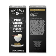 Watkins Vanilla Paste jar with label, ideal for baking custards and ice creams.