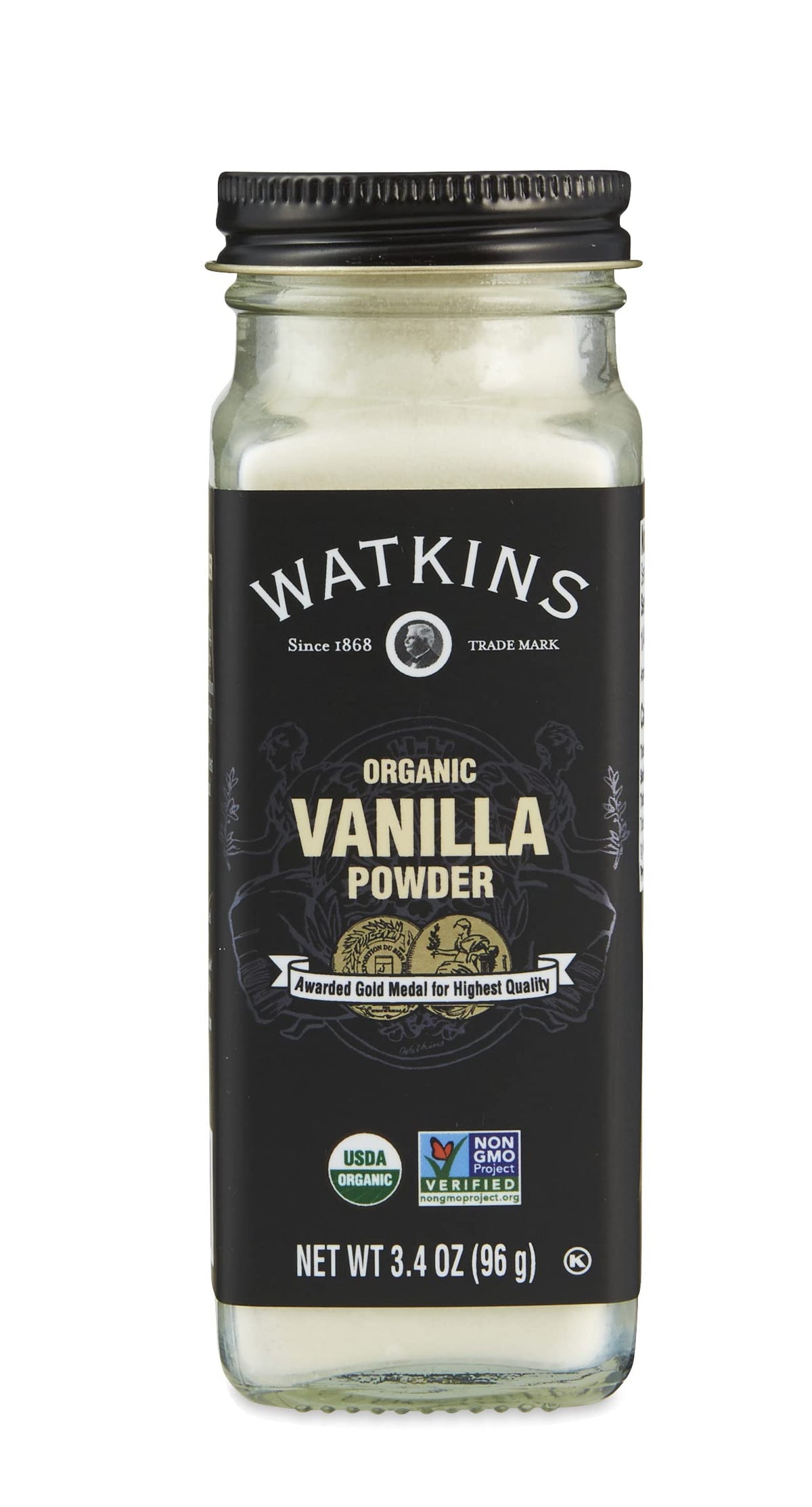 Watkins Organic Vanilla Powder bottle-front shows premium vanilla for baking and beverages