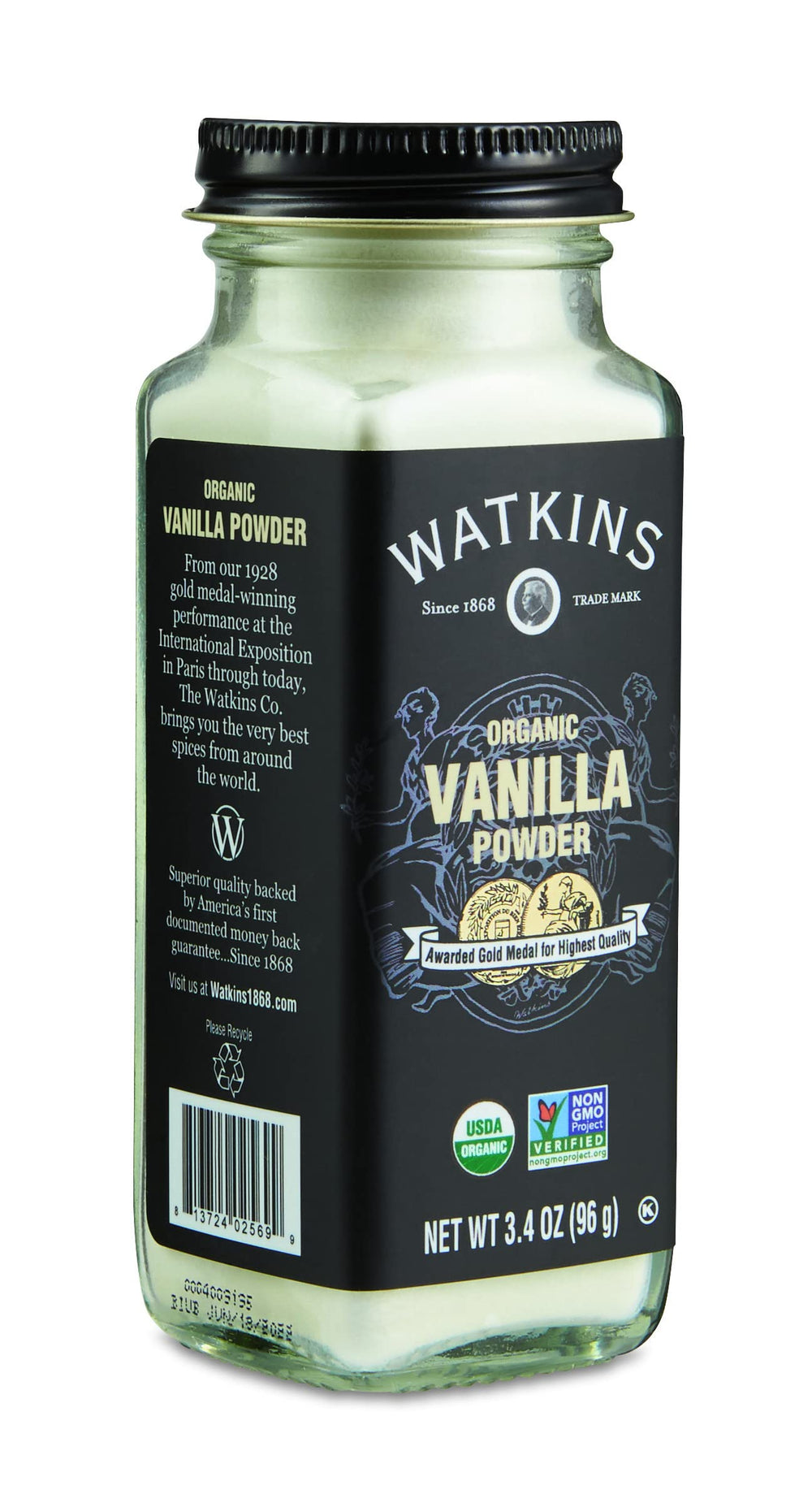 Watkins Vanilla Powder label-detail highlights organic quality and kosher status