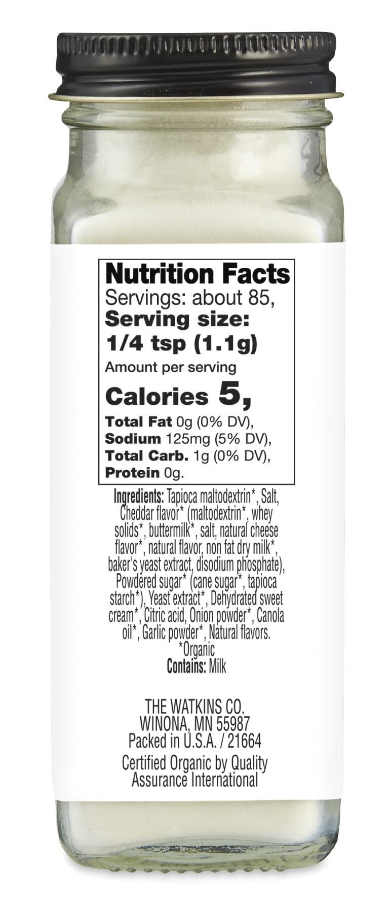 Watkins white cheddar seasoning jar label highlights organic ingredients