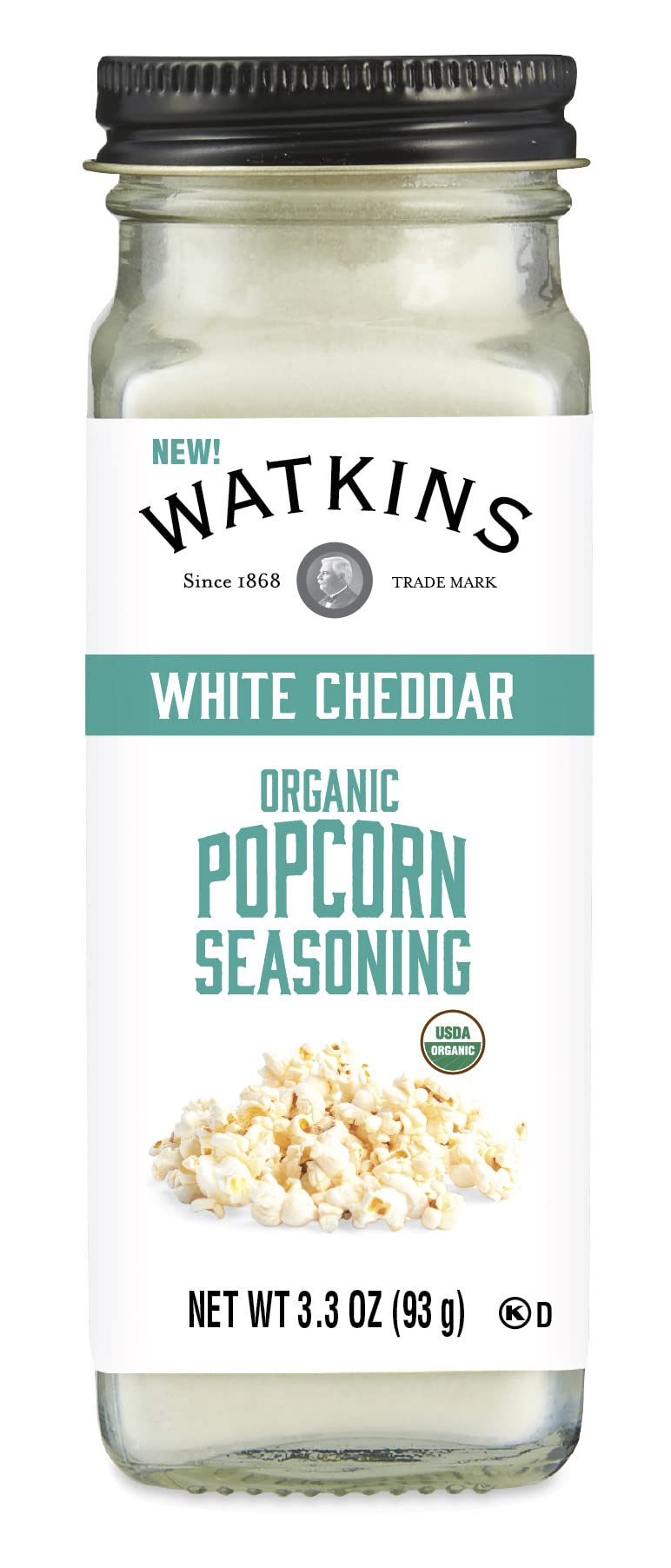 Watkins white cheddar popcorn seasoning bottle close-up for rich flavor