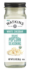 Watkins white cheddar popcorn seasoning bottle close-up for rich flavor