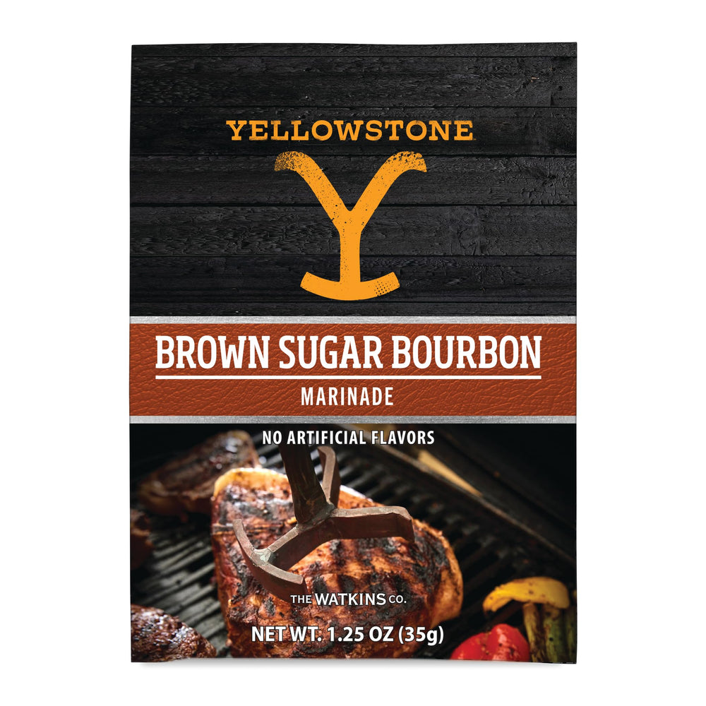 Watkins Yellowstone Brown Sugar Bourbon Marinade bottle pour enhances grilled meat with sweet and savory notes.