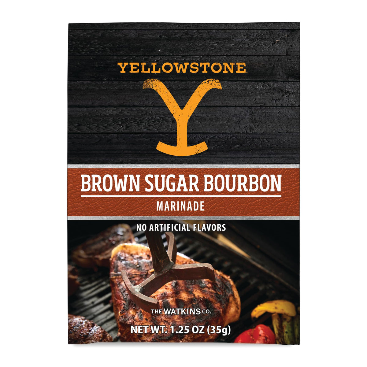 Watkins Yellowstone Brown Sugar Bourbon Marinade bottle pour enhances grilled meat with sweet and savory notes.