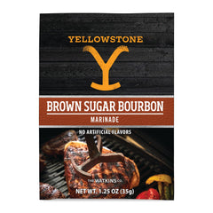 Watkins Yellowstone Brown Sugar Bourbon Marinade bottle pour enhances grilled meat with sweet and savory notes.