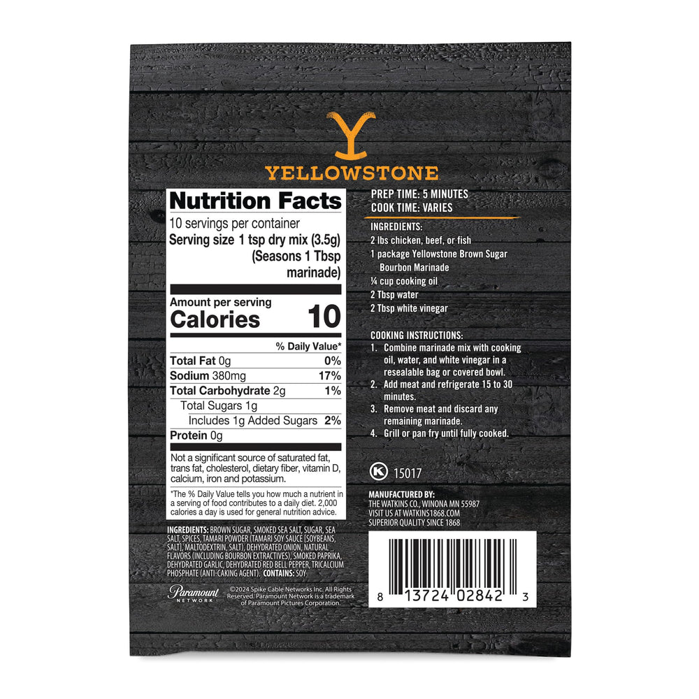 Watkins Yellowstone Brown Sugar Bourbon Marinade closeup shows brown sugar and bourbon flavors for glaze ideas.