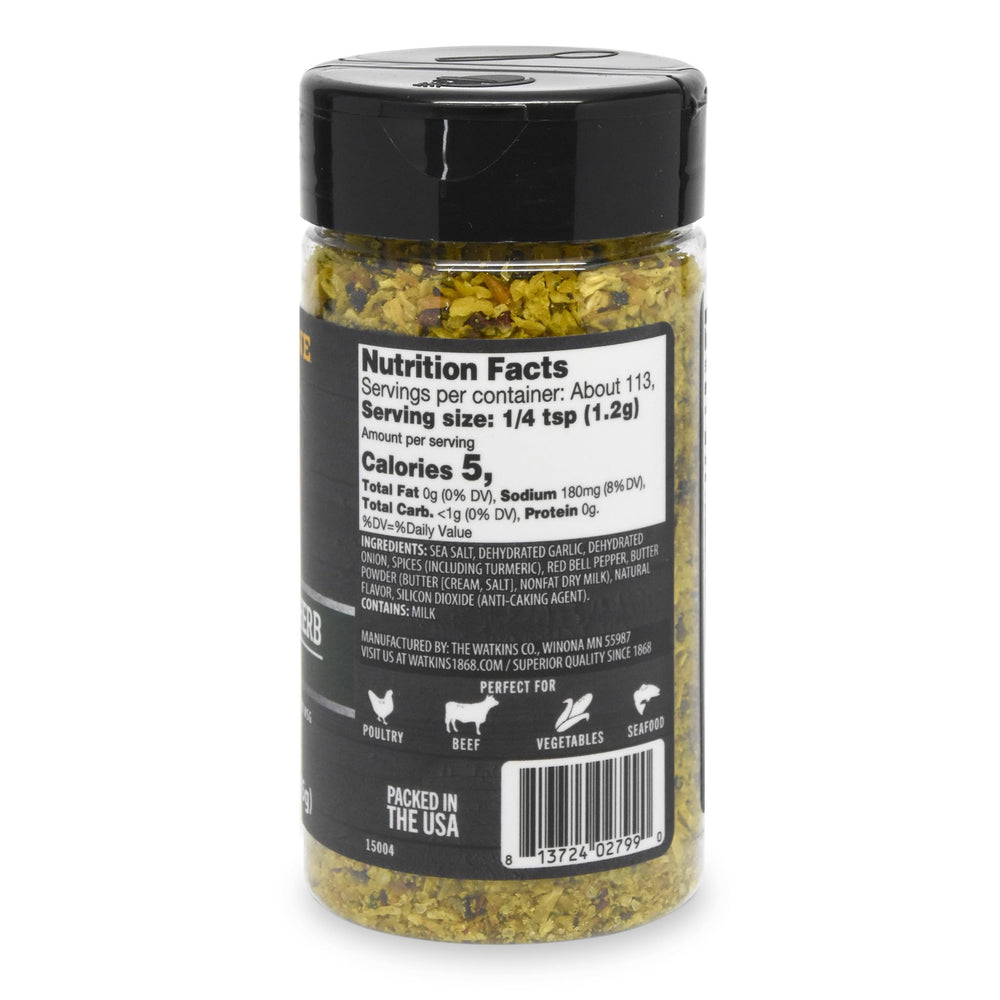 Watkins Yellowstone Seasoning close-up reveals garlic, salt, and pepper notes for robust seasoning