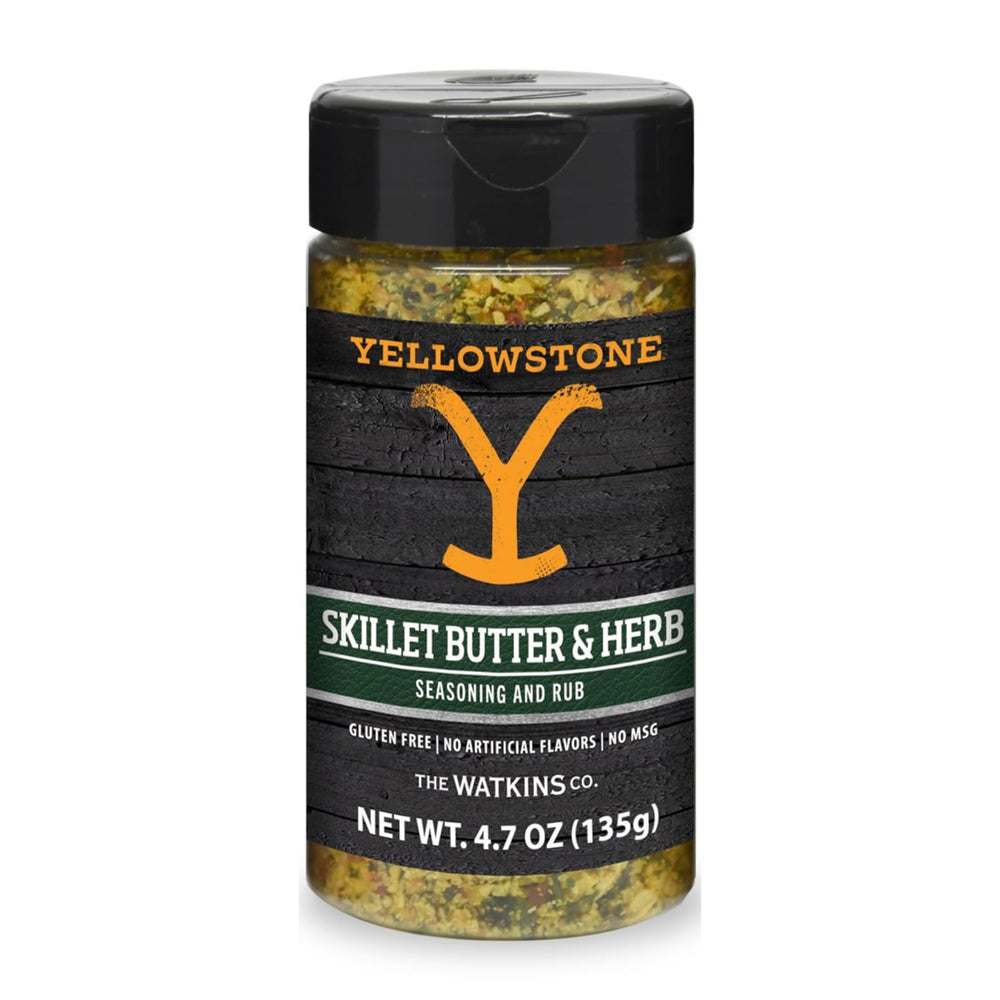 Watkins Yellowstone Butter Herb Seasoning jar close-up, boosting beef flavor with a buttered aroma