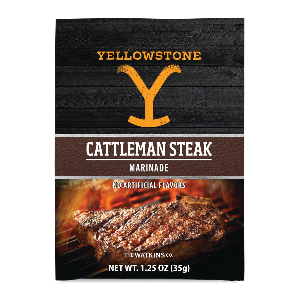 Watkins Yellowstone Cattleman Steak Marinade bottle pour for quick grilling prep.