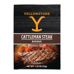 Watkins Yellowstone Cattleman Steak Marinade bottle pour for quick grilling prep.