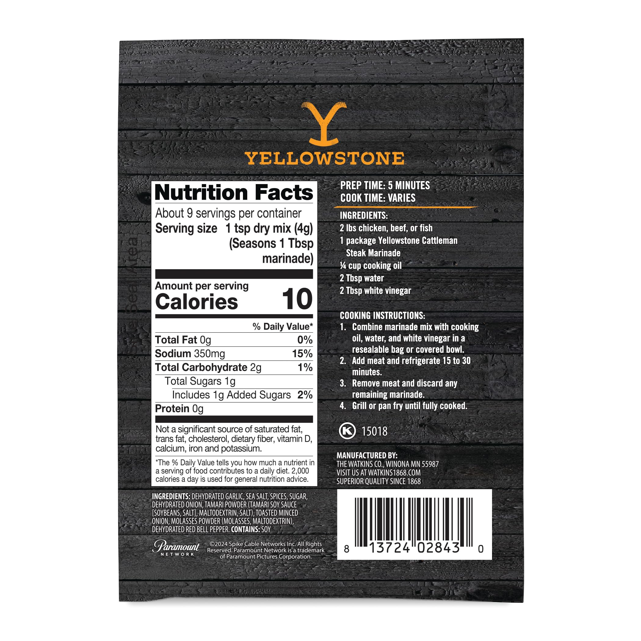 Watkins Yellowstone Cattleman Steak Marinade label closeup showing garlic and spices blend.