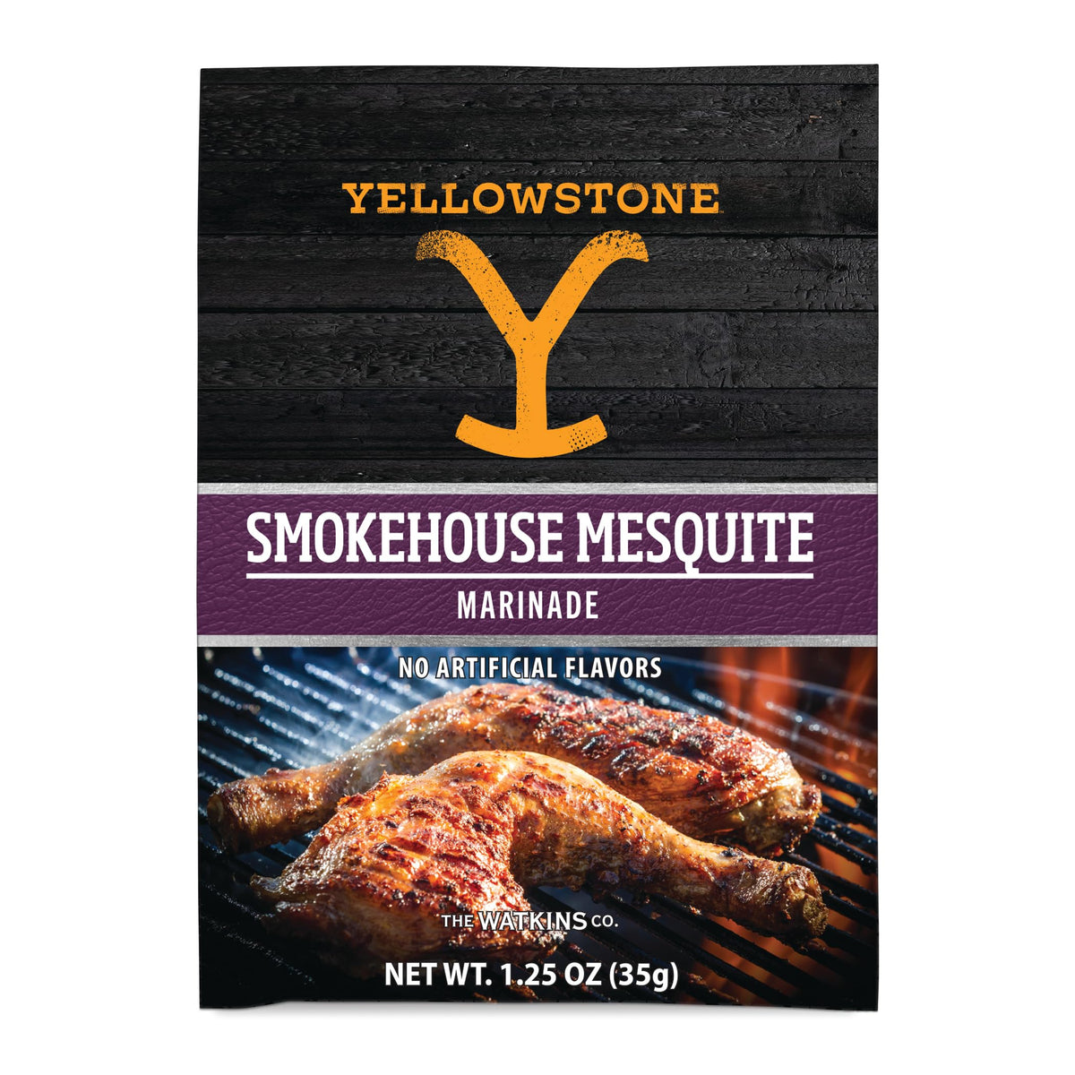 Watkins Yellowstone Steakhouse Mesquite Marinade bottle front label enhances beef flavor