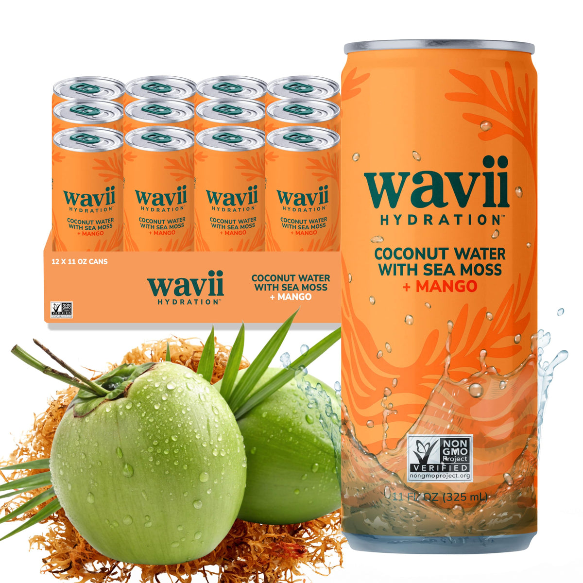 Wavii Hydration coconut water bottle shows organic ingredients for clean refreshment