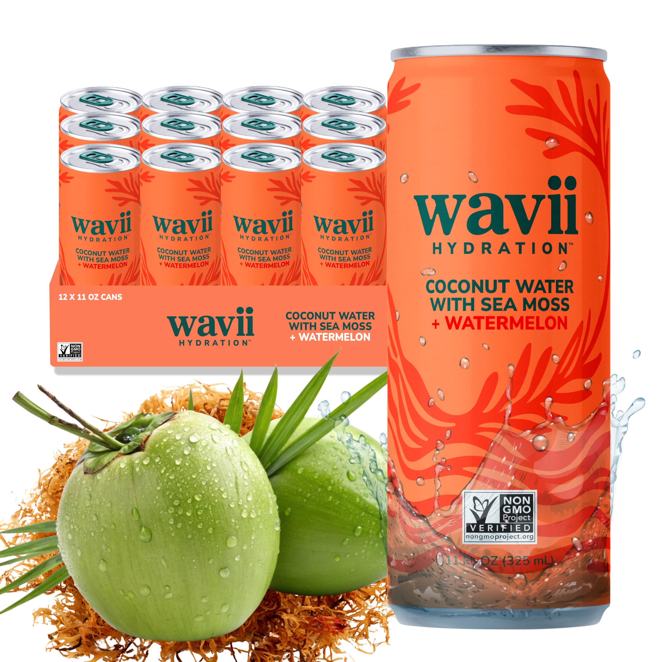 Wavii Hydration coconut water can showcasing natural electrolytes for refreshing hydration