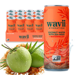 Wavii Hydration coconut water can showcasing natural electrolytes for refreshing hydration