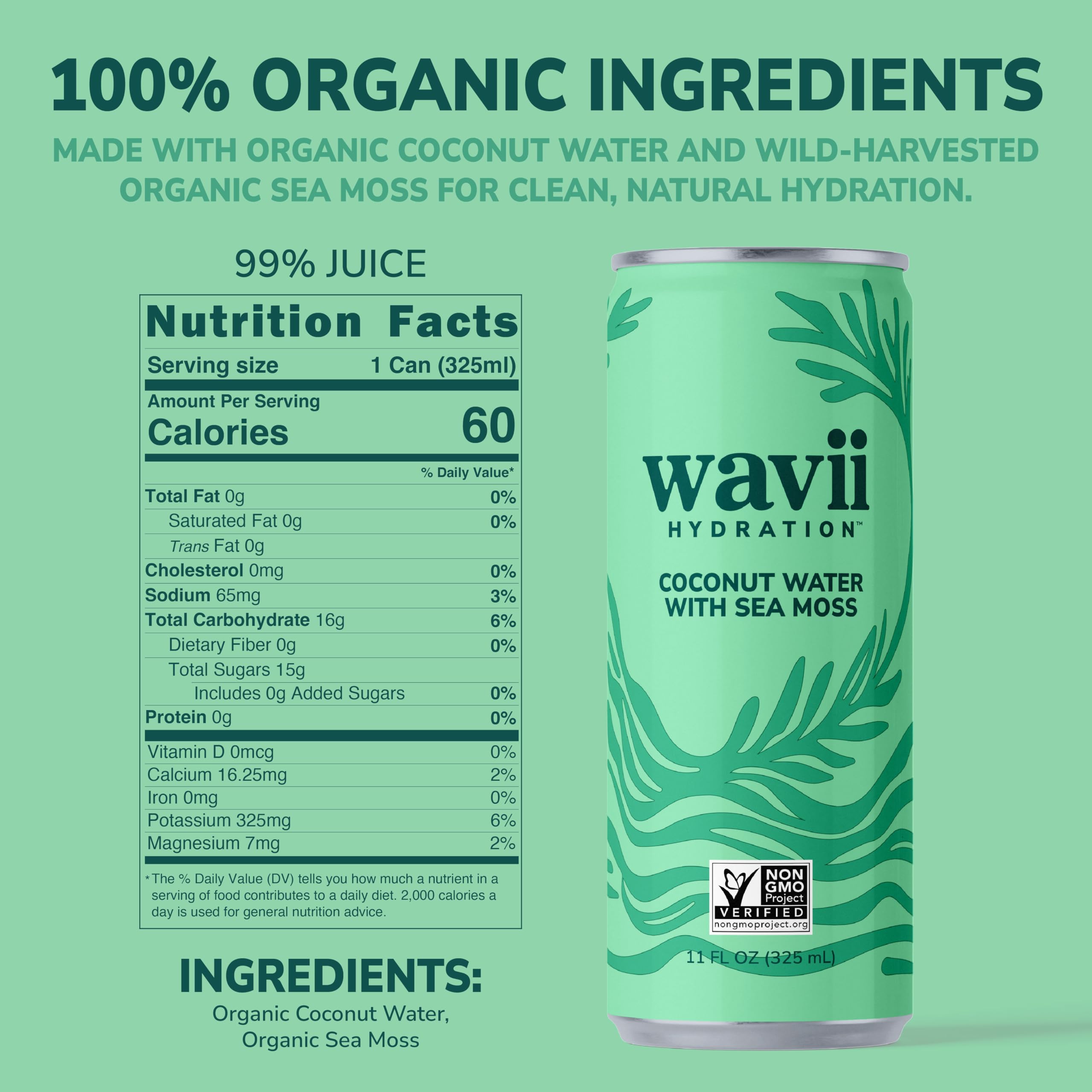Wavii Hydration coconut water with sea moss can side view, clean ingredients