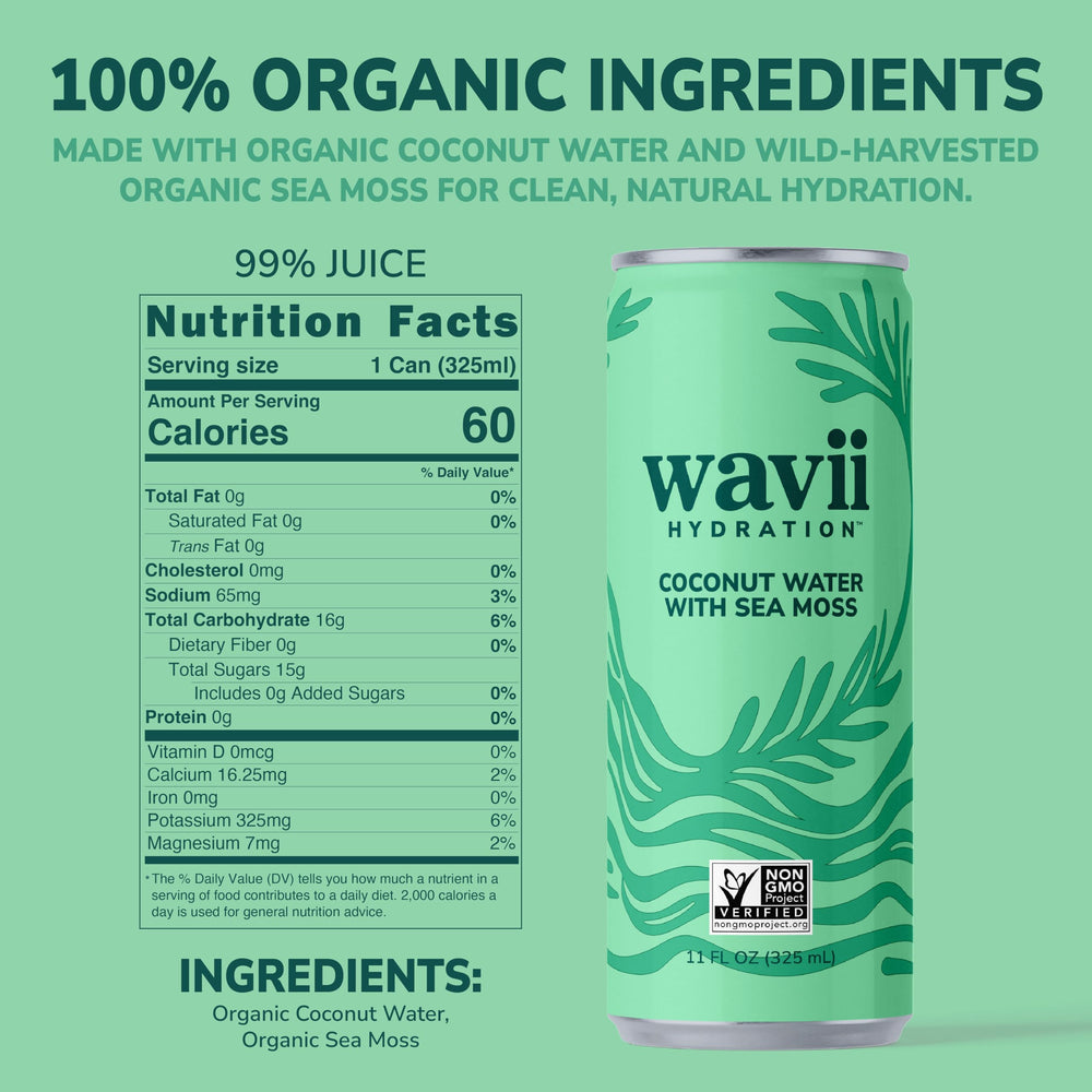 Wavii Hydration coconut water with sea moss can side view, clean ingredients