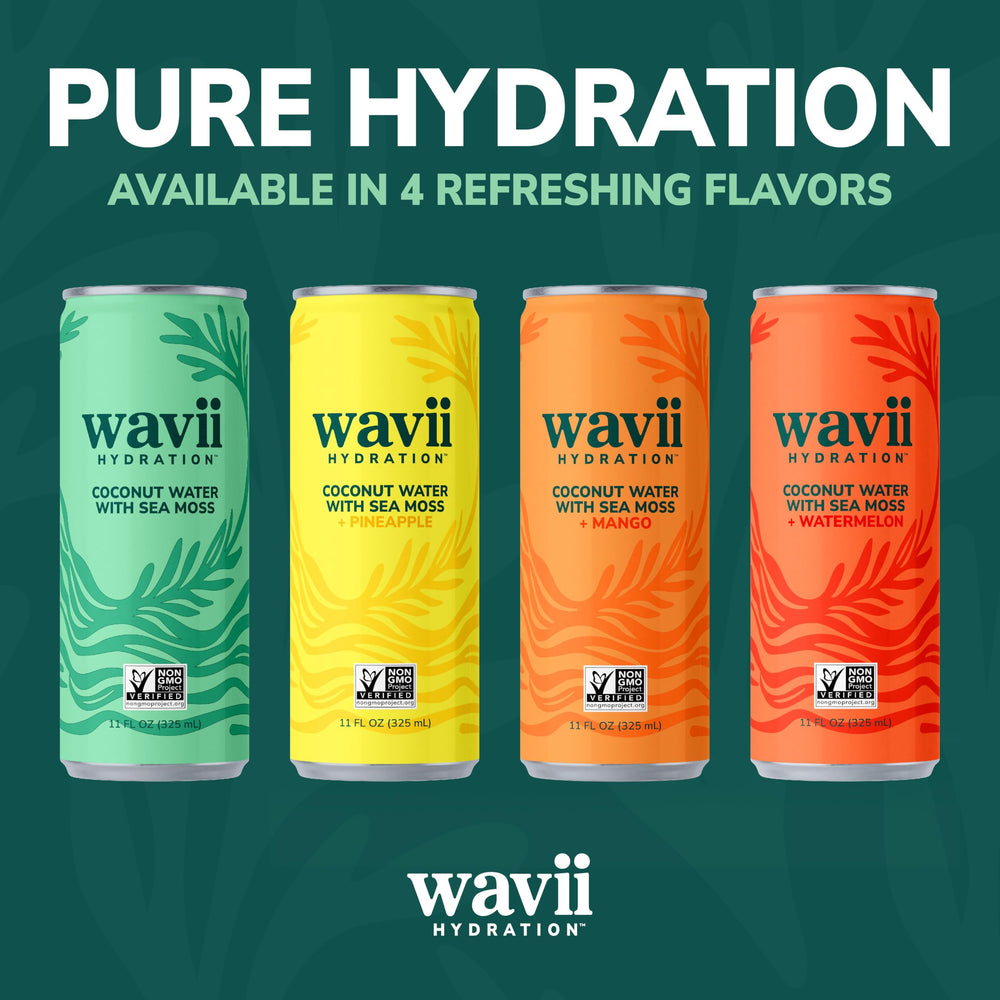 Label close-up of Wavii Hydration emphasizing organic ingredients and no added sugar