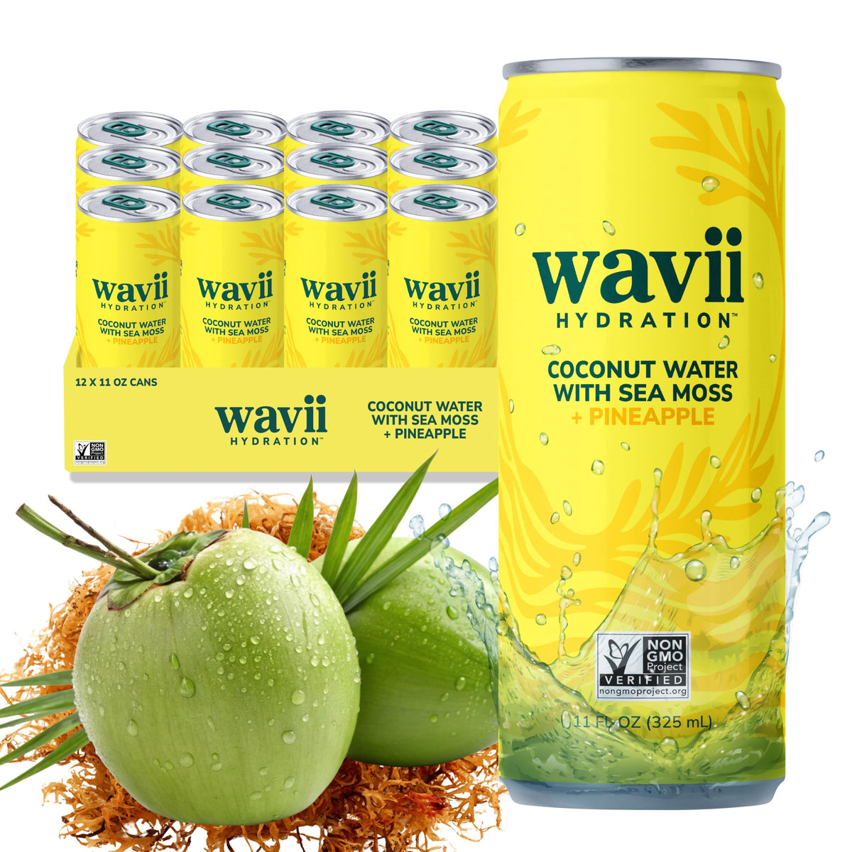Wavii Hydration coconut water can with pineapple, natural electrolytes for daily refreshment.