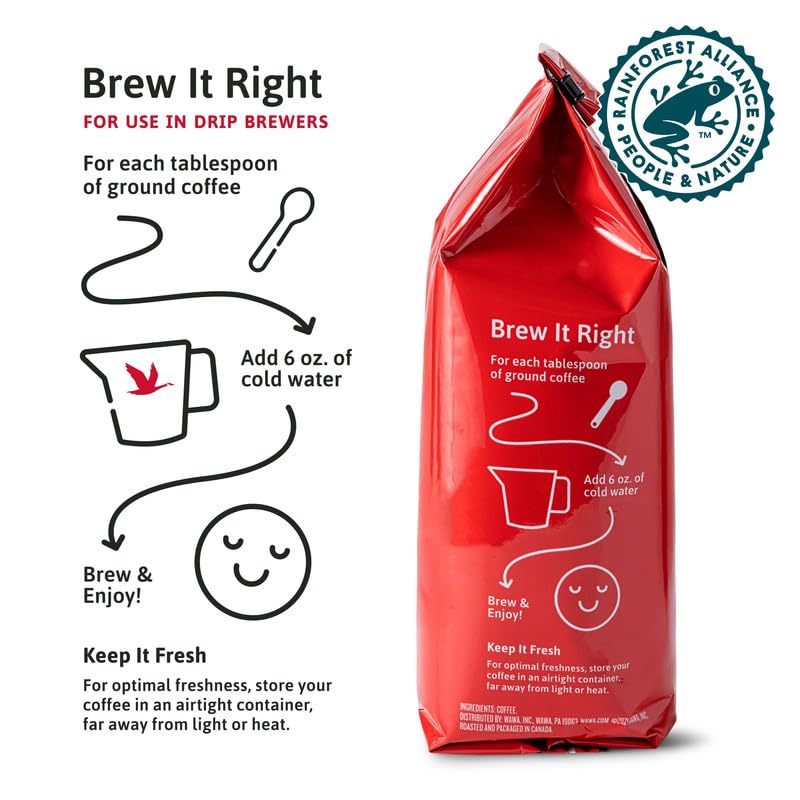 Wawa coffee packaging highlights sustainable sourcing from Rainforest Alliance farms.