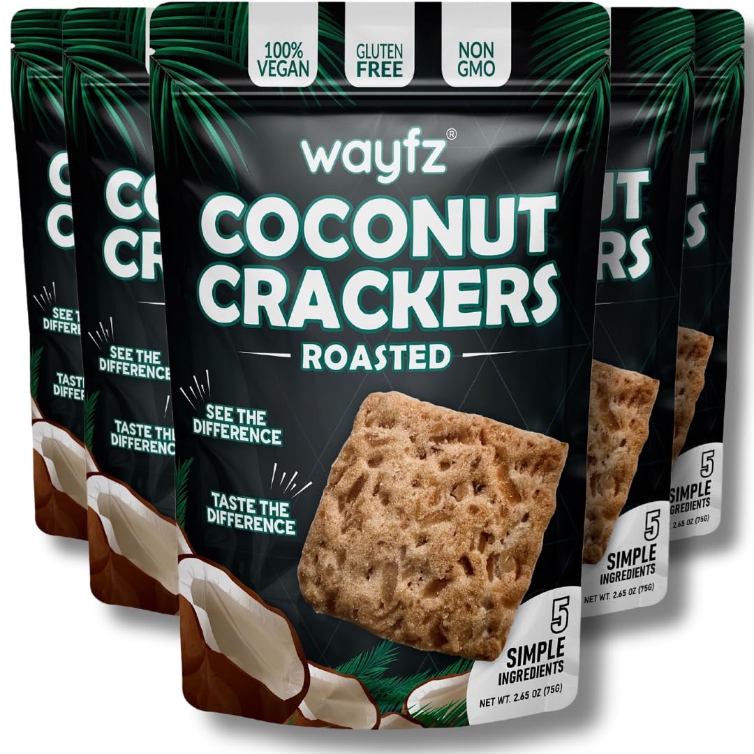 Wayfz roasted coconut crackers pack of five for on-the-go snacking, gluten-free vegan option.