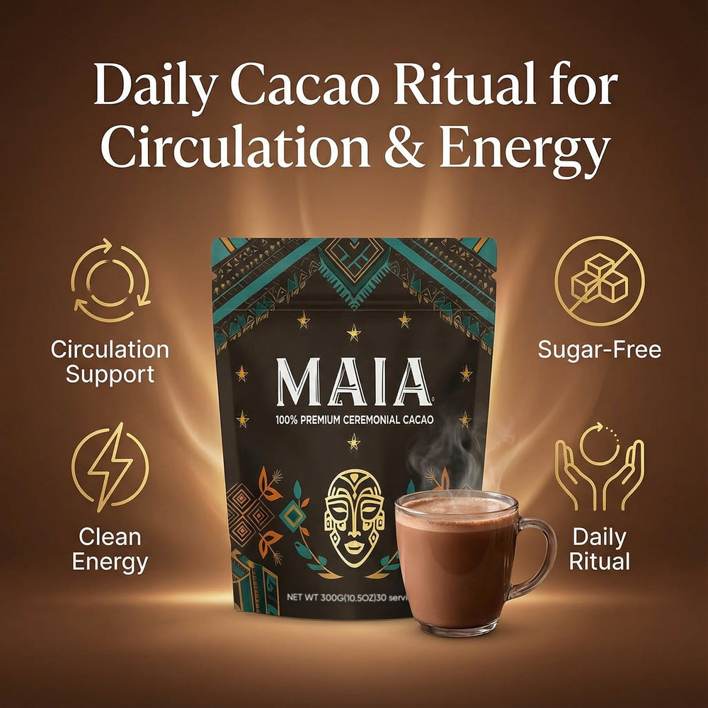 Wdvpue Maia cacao bag and scoop showing zero sugar promise for guilt-free ritual beverages.