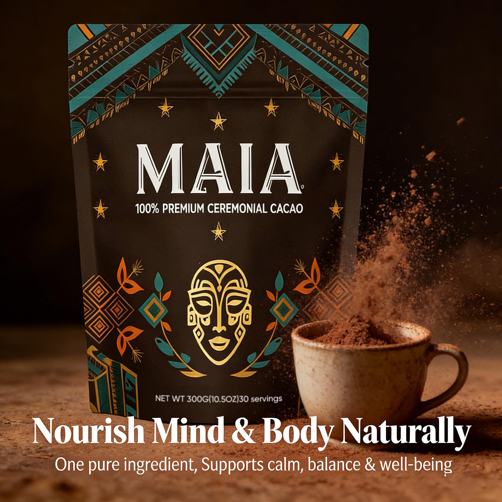 Wdvpue Maia cacao vegan non-GMO badge highlights ethical, plant-based wellness ritual.