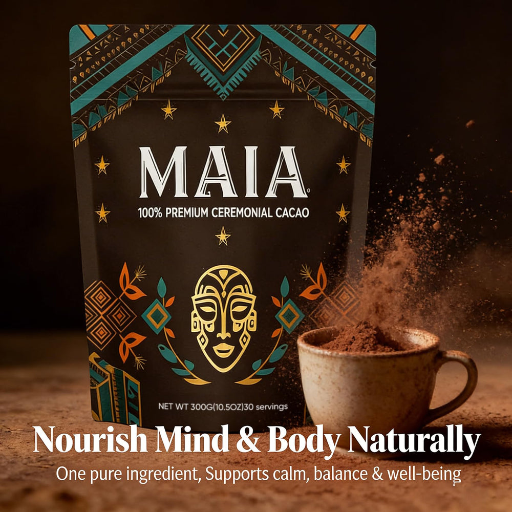 Wdvpue Maia cacao vegan non-GMO badge highlights ethical, plant-based wellness ritual.