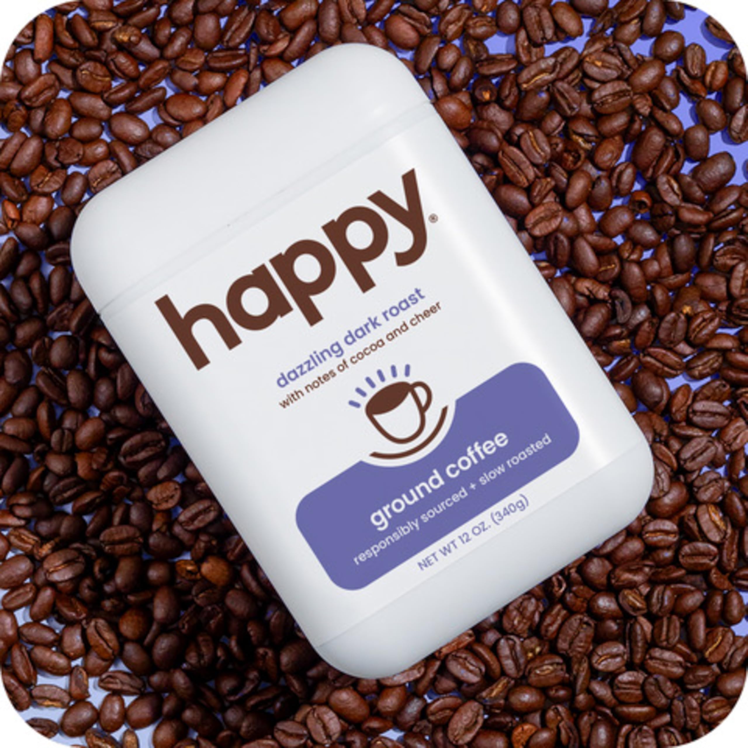 Origin labels Brazil, Rwanda, and Colombia on We Are Happy Arabica beans