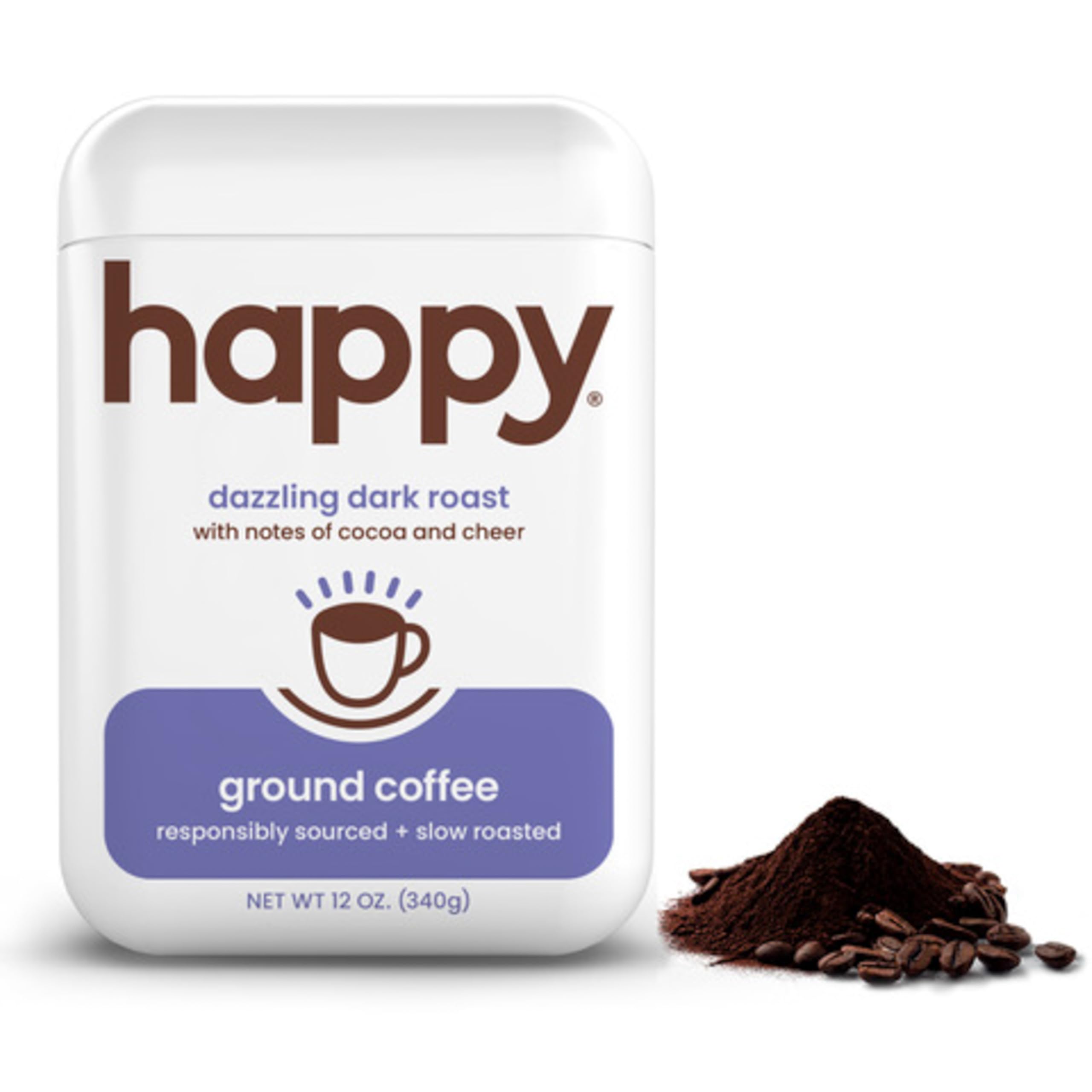 We Are Happy dark roast ground coffee in 12oz bag ready to brew