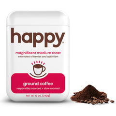 We Are Happy medium roast ground coffee in 12 oz packaging for everyday brewing.
