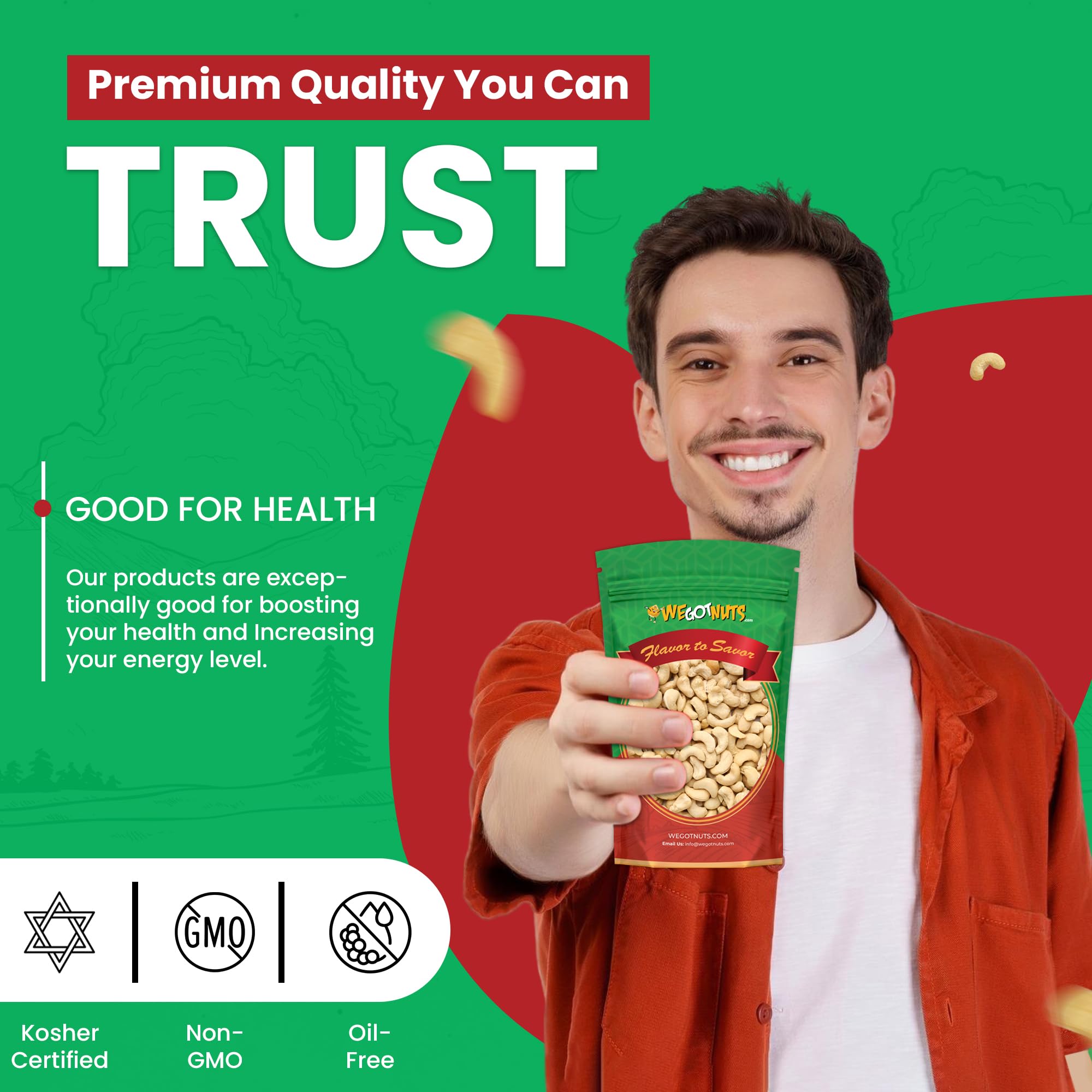 We Got Nuts gourmet savory cashews with rich flavor and crunch.