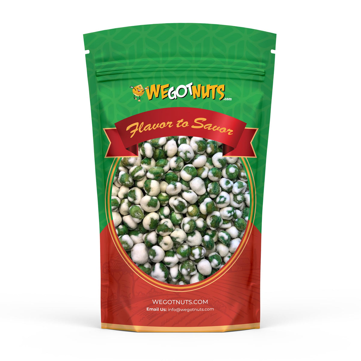We Got Nuts Green Wasabi Peas bag front shows bold flavor for on-the-go snacking.