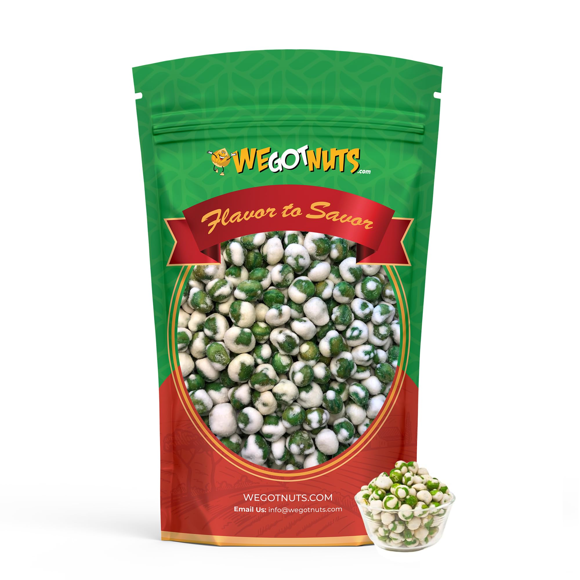 Close-up of We Got Nuts Wasabi peas texture for a zesty bite.