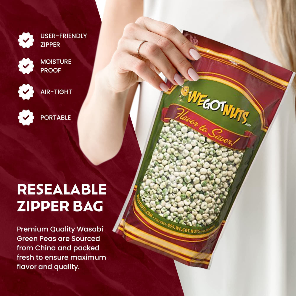 We Got Nuts Wasabi Peas nutrition panel highlights vitamins, minerals, and protein.