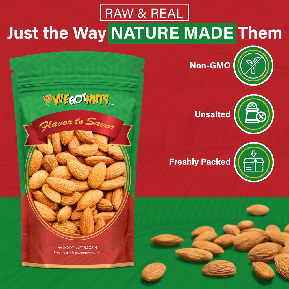 We Got Nuts jumbo California almonds 64oz bag sealed to preserve freshness and crunch